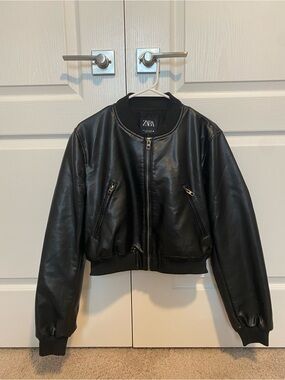 ZARA Black Faux Leather Cropped Bomber Jacket